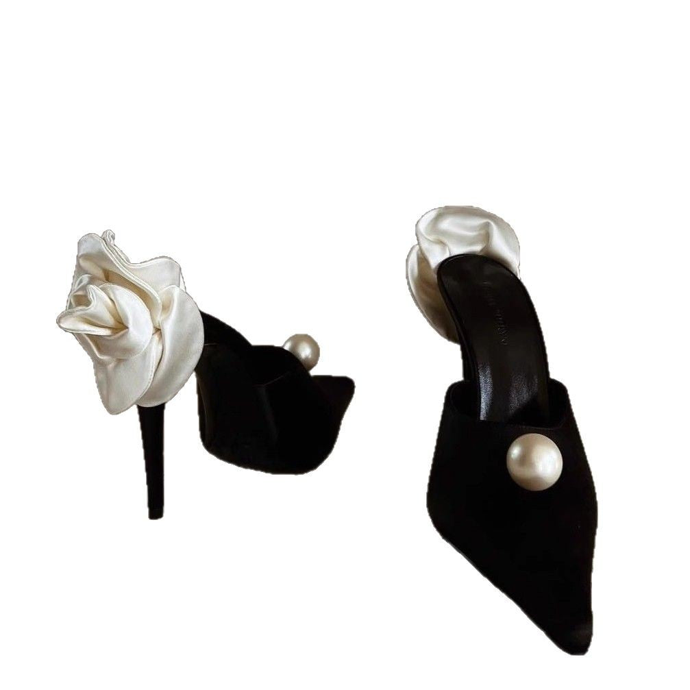 Damen stilvolle High Heel Mules mit zarter Blumenapplikation EB