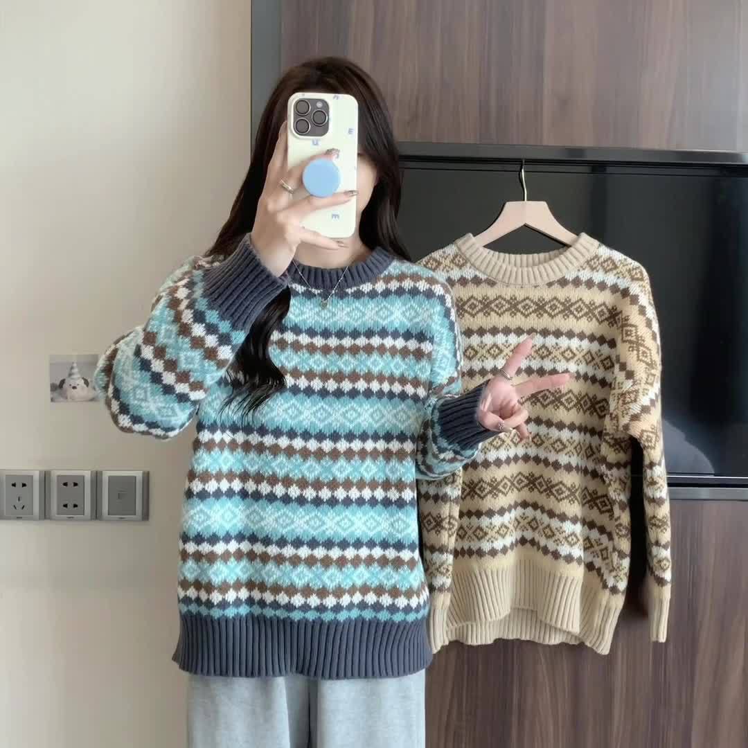 Damen Pullover mit geometrischem Norwegermuster und Lockere Passform EB