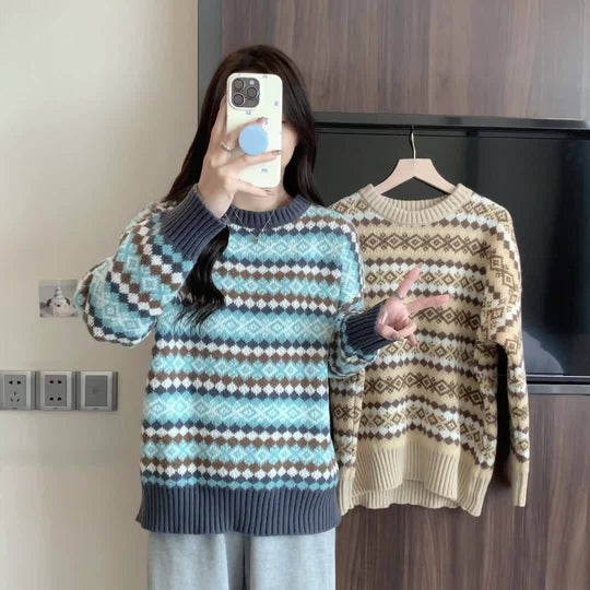 Damen Pullover mit geometrischem Norwegermuster und Lockere Passform EB