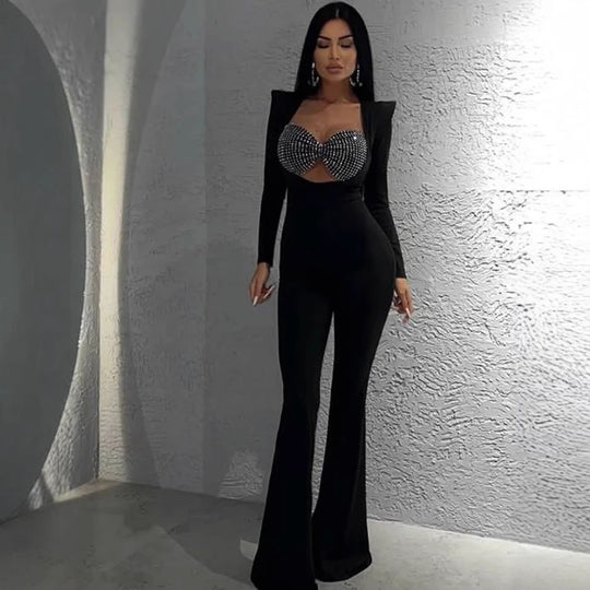 Damen Glamouröses Jumpsuit mit funkelnden Strassdetails und figurbetontem Schnitt EB
