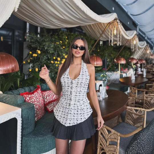 Damen Weste im karierten Design mit elegantem Stehkragen und praktischen Taschen EB