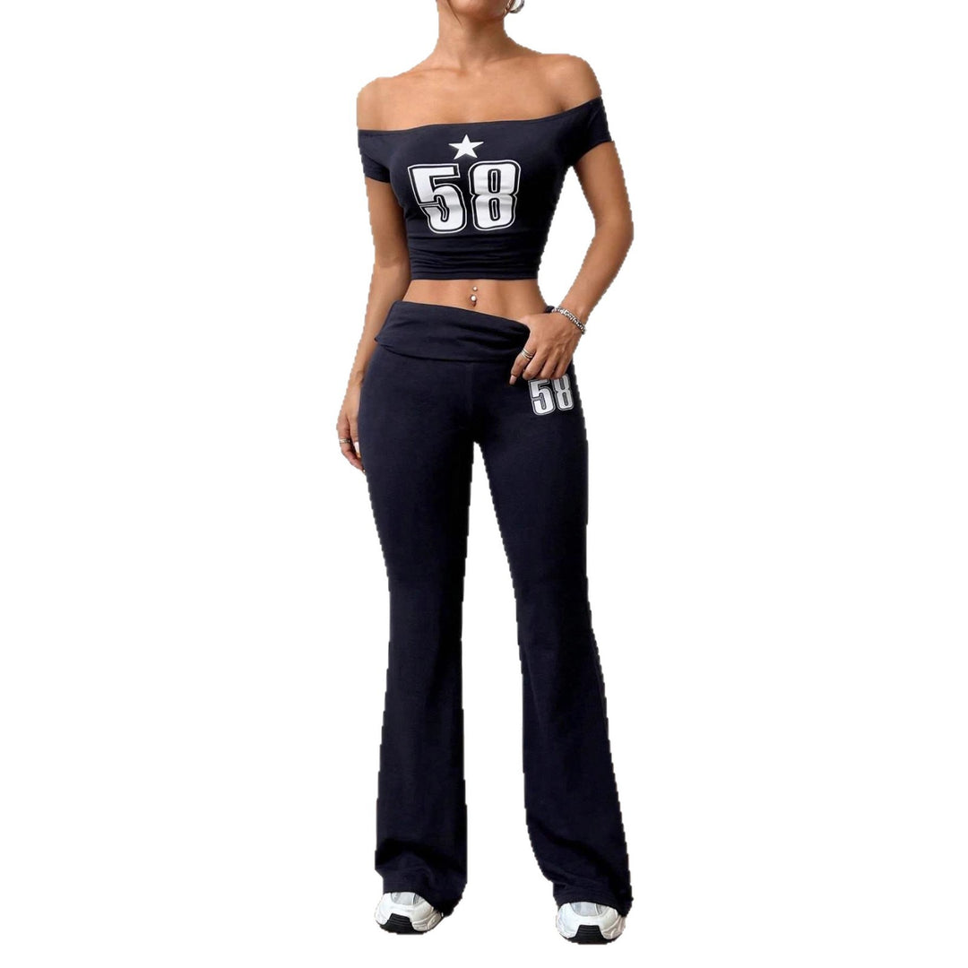 Damen Off-Shoulder Crop-Top und weite Hose Set EB