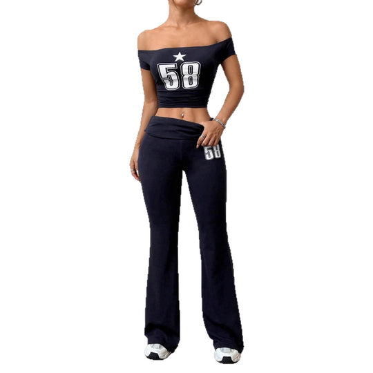 Damen Off-Shoulder Crop-Top und weite Hose Set EB