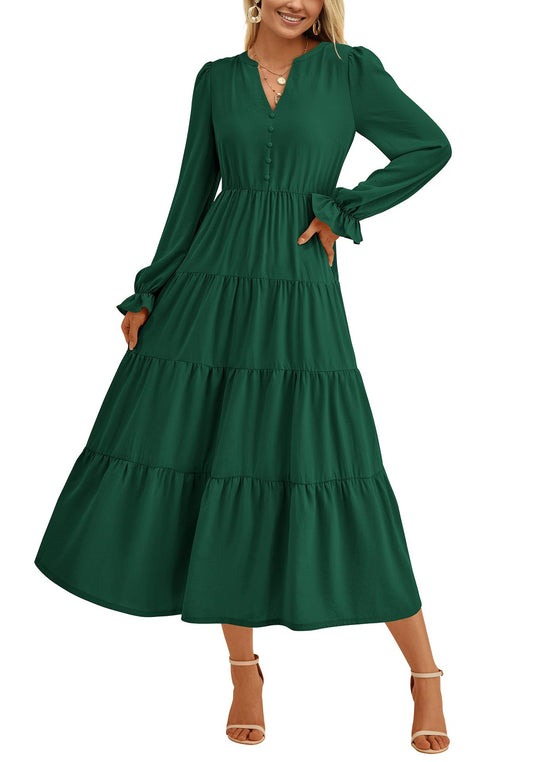 Damen Maxikleid mit romantischen Rüschendetails und elegantem V-Ausschnitt EB