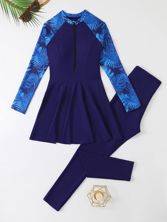 Damen Modischer Schwimmanzug mit Rock und langem Arm EB