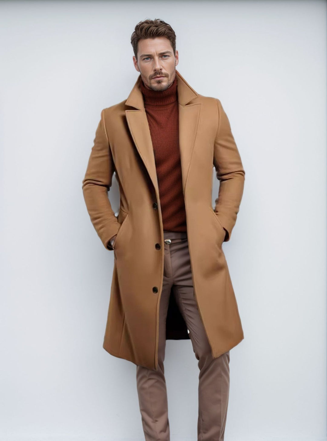 Herren nan langer Wollmixmantel mit Boucléstruktur, taillierter Silhouette und klassischem Revers EB