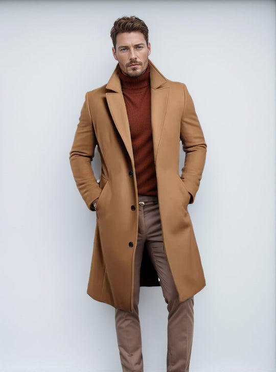 Herren nan langer Wollmixmantel mit Boucléstruktur, taillierter Silhouette und klassischem Revers EB