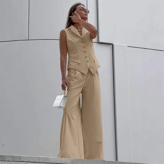 Damen Ärmelloses Tailoring-Zweiteiler mit taillierter Weste und weiter Marlenehose EB