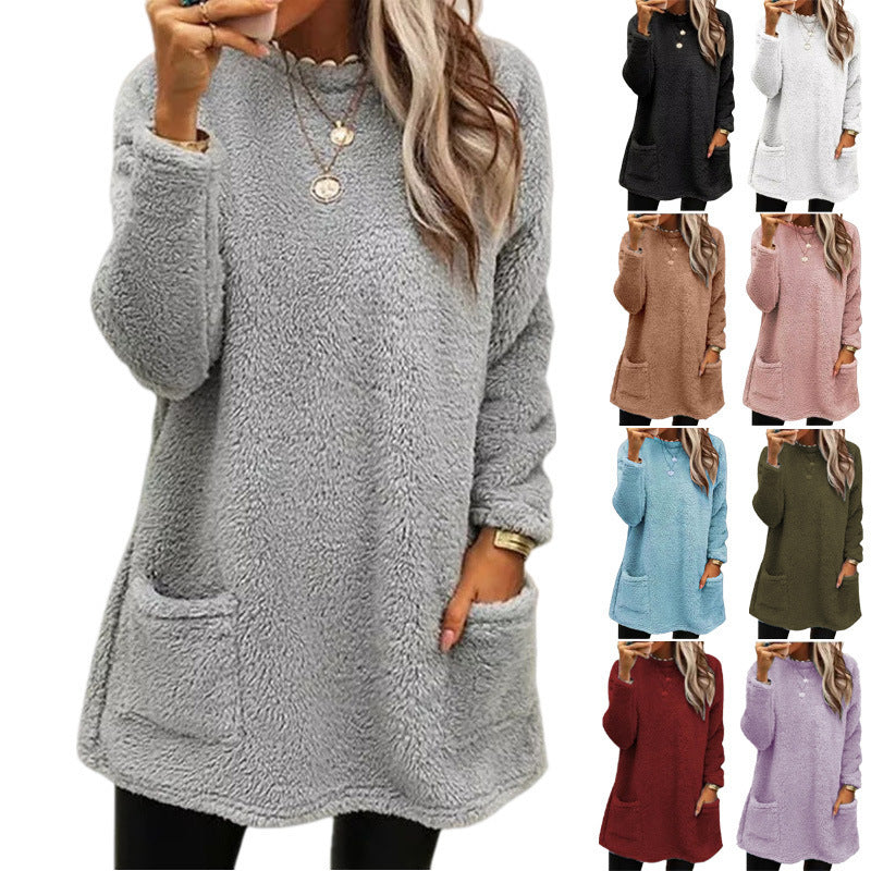 Damen nan kuscheliger langer Teddy-Pullover Oversize mit Rundhalsausschnitt und Eingrifftaschen EB