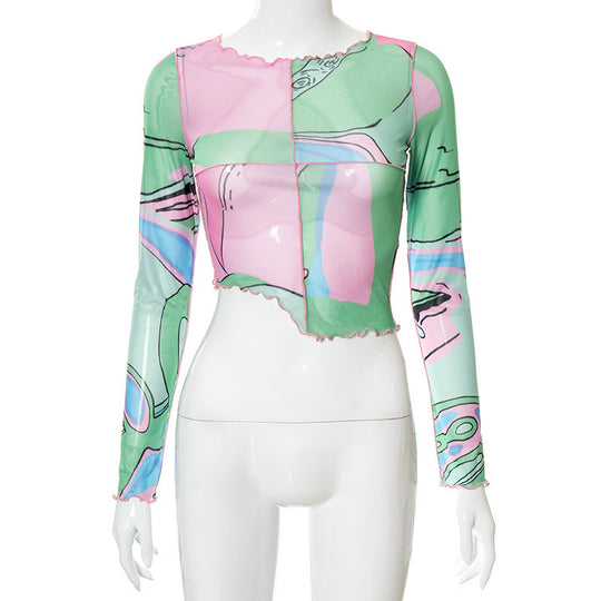Damen Crop-Top mit kreativen grafischen Prints und tailliertem Schnitt EB