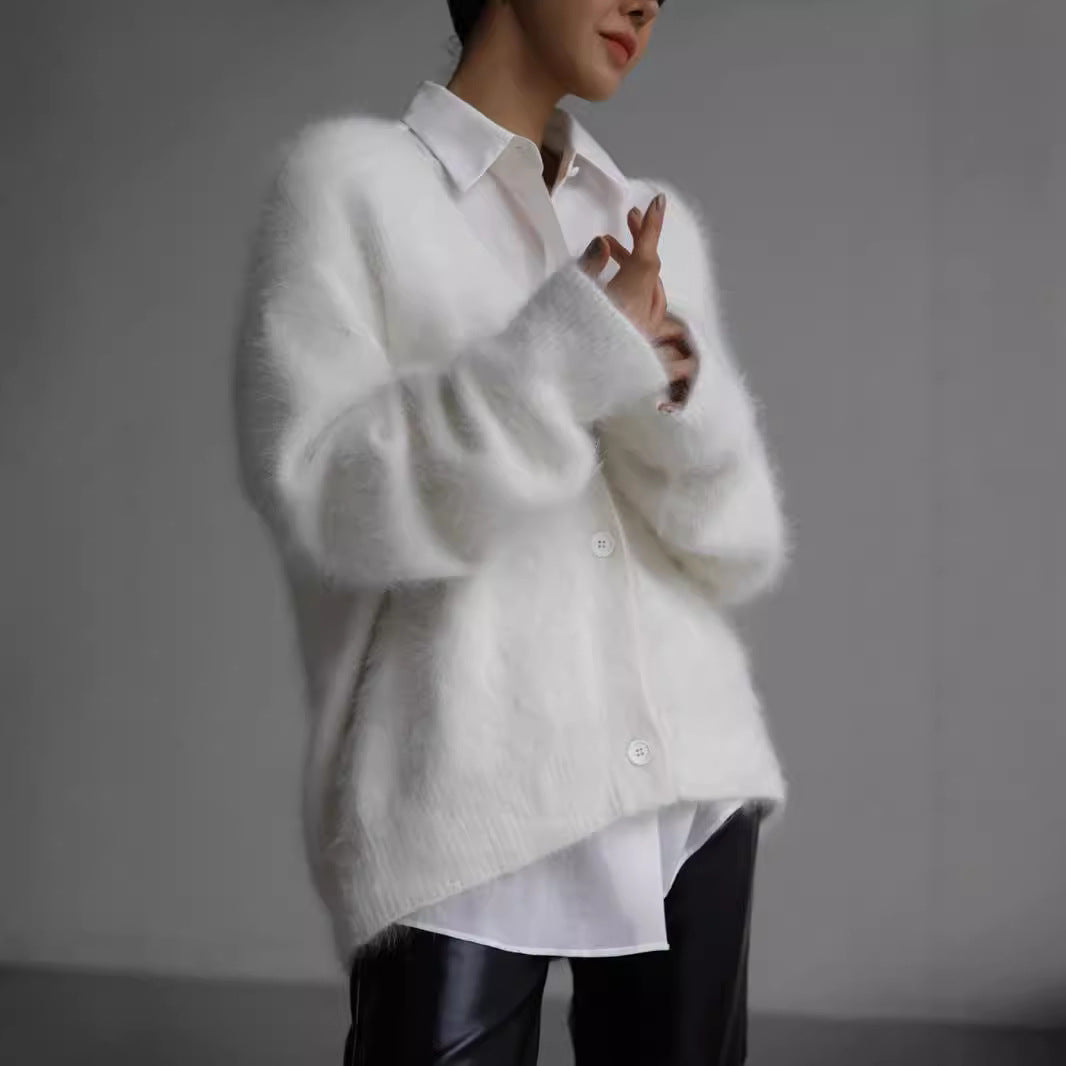 Damen weicher Strickcardigan mit luxuriösem Mohair-Anteil und lässigem Schnitt EB