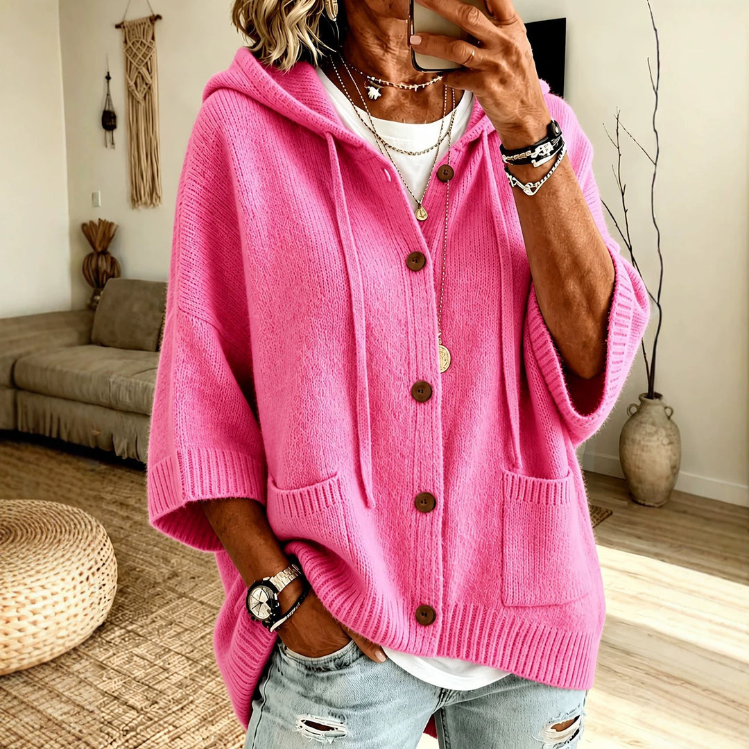 Damen Oversize Kapuzen-Cardigan mit Holzknöpfen und kastiger Silhouette EB