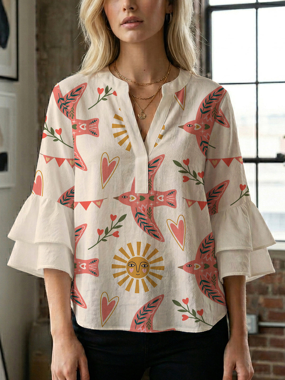 Damen Bluse mit Rüschendetails und auffälligem Animal-Print EB