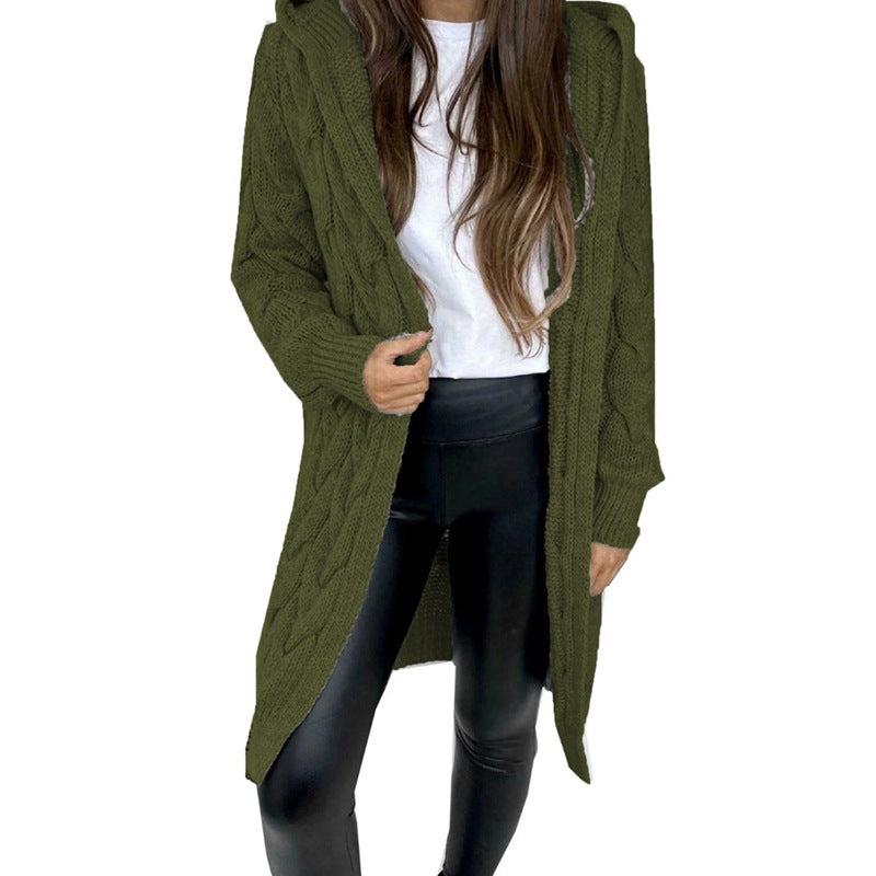 Damen lange Strickjacke mit Kapuze und Zopfmuster EB