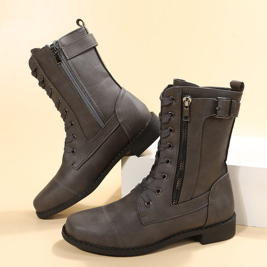 Damen nan knöchelhohe Schnür‑Combat‑Stiefelette mit seitlichem Doppelreißverschluss und verstellbarem Schnallenriemen EB