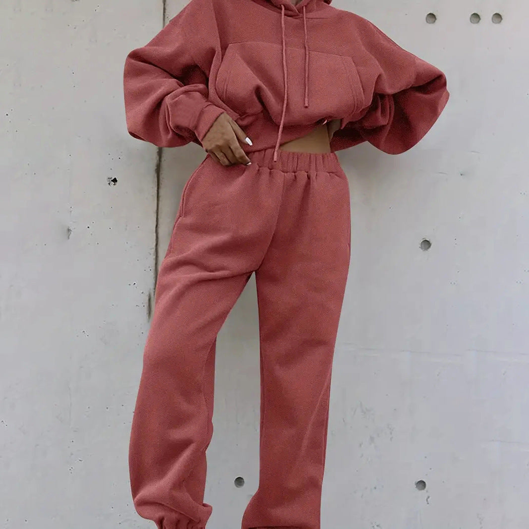 Damen nan kuscheliges kurzes Kapuzenpullover- und hochgeschnittene Jogginghose Set EB