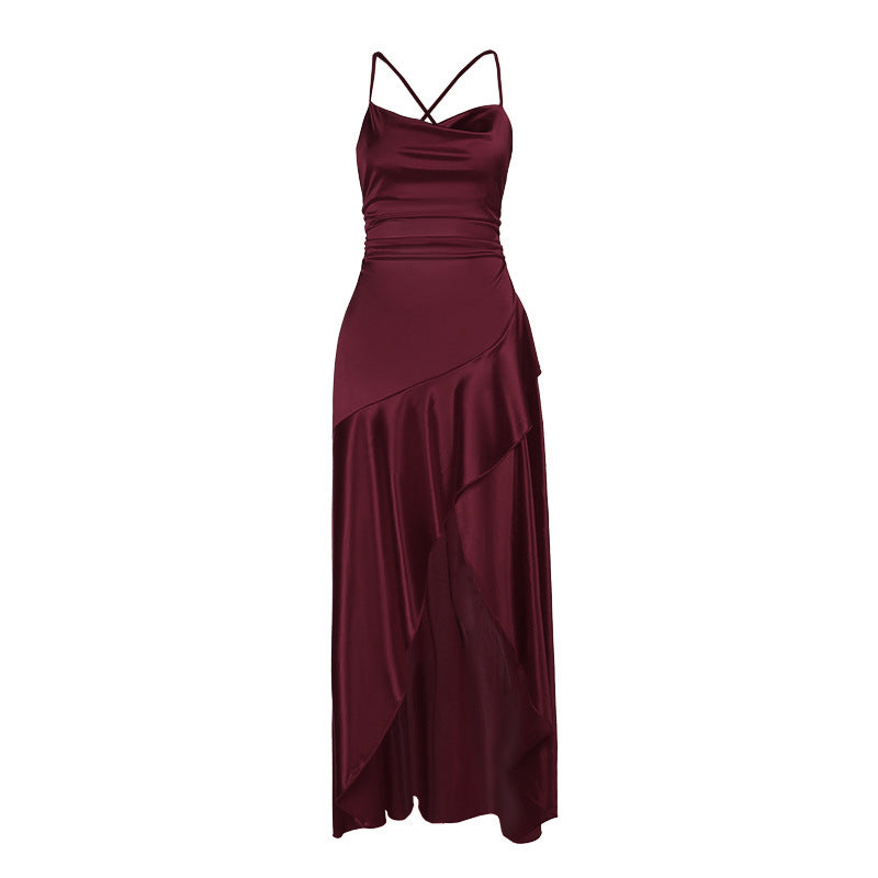 Damen luxuriöses Satin-Maxikleid mit asymmetrischem Schnitt EB