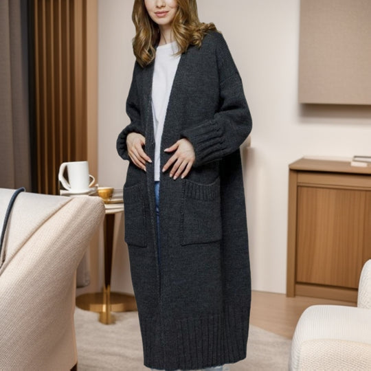 Damen bequemer langer Strickcardigan mit Taschen und breiten Ärmeln EB