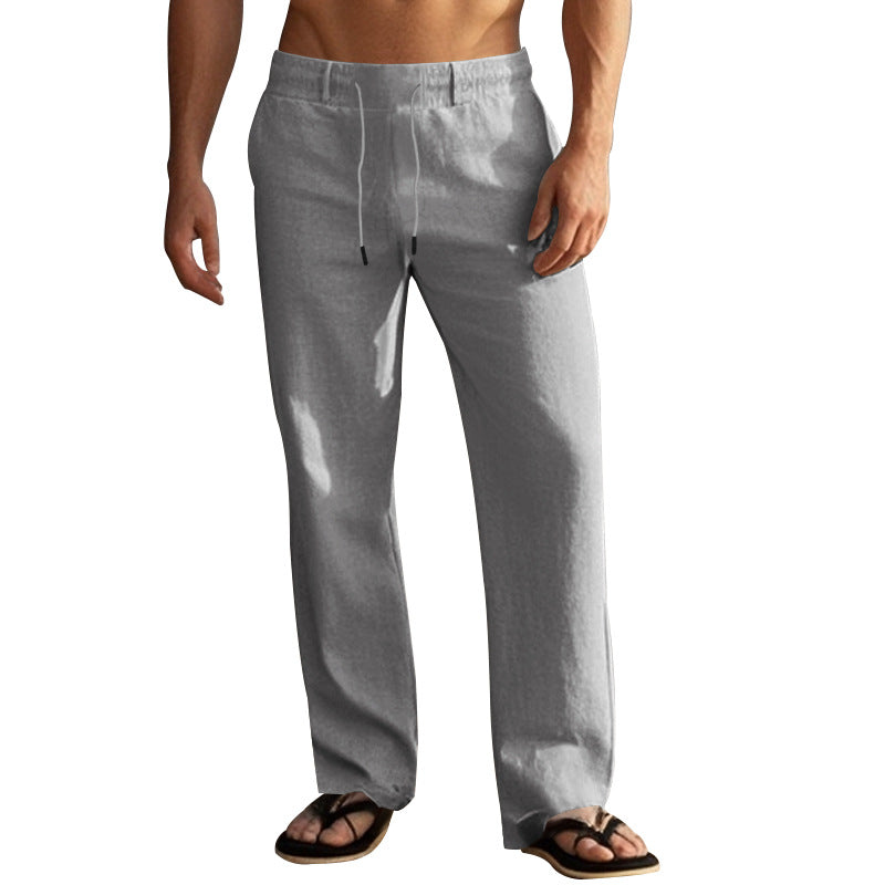 Herren nan leichte Leinen-Loungehose mit elastischem Tunnelzugbund, Kordelzug und weitem Bein EB