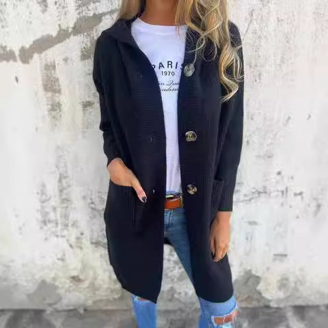 Damen Strickmantel mit Kapuze und Knopfleiste EB