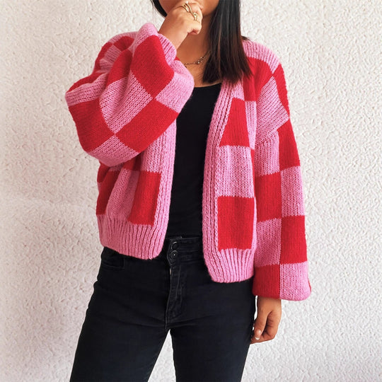 Damen lässige Strickjacke mit Karomuster und voluminösen Ärmeln EB