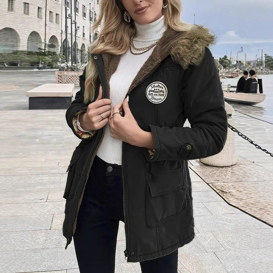 Damen taillierter Parka mit Teddyfutter, Kunstfellkapuze und Multifunktions-Taschen EB