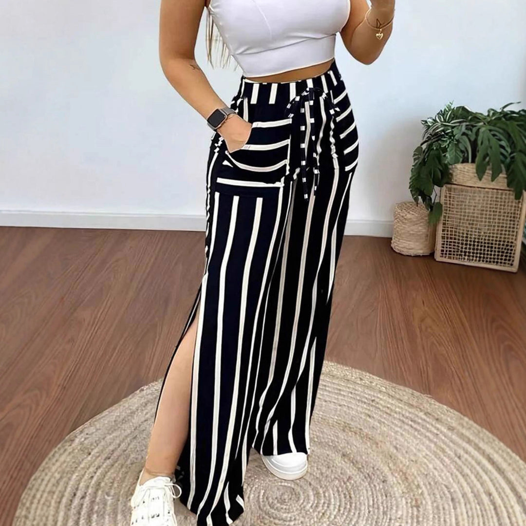 Damen Lässige Palazzo-Hose mit seitlichen Schlitzen und Bindegürtel EB