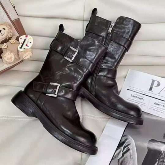 Damen Modische Stiefel mit stilvollem Schnallen-Design und robuster Sohle EB