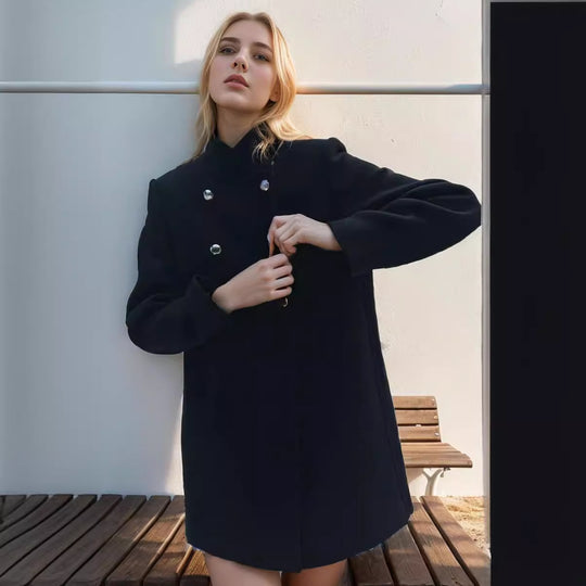 Damen modischer kurzer Mantel mit doppelter Knopfreihe und eleganter Stehkragen EB
