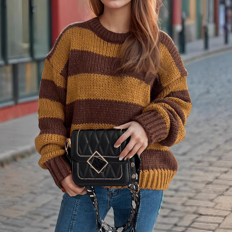 Damen Übergroßer gestreifter Strickpullover EB
