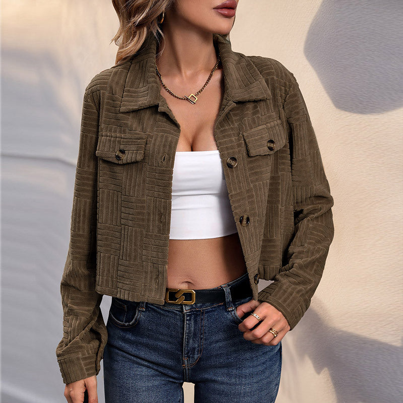 Damen lässige Cordjacke mit strukturiertem Design und praktischen Taschen EB