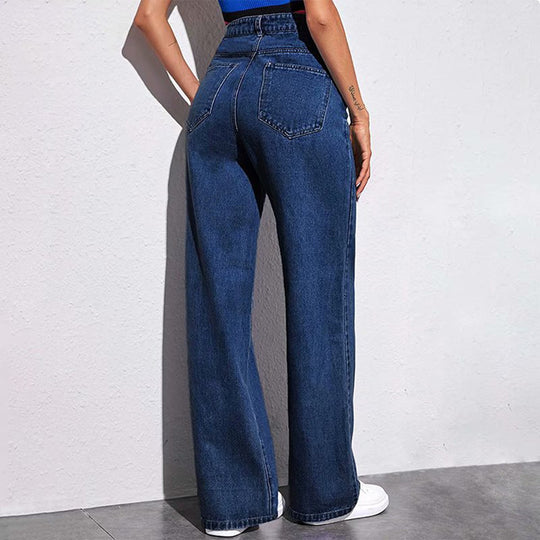 Damen nan hochgeschnittene weite Denim-Hose mit extra weitem Bein und taillierendem Bund EB