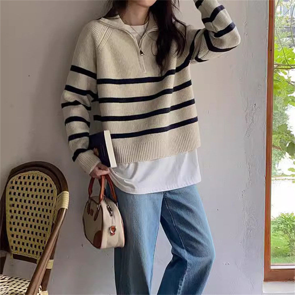 Damen Modischer Strickpullover mit Zip und gestreiftem Design EB