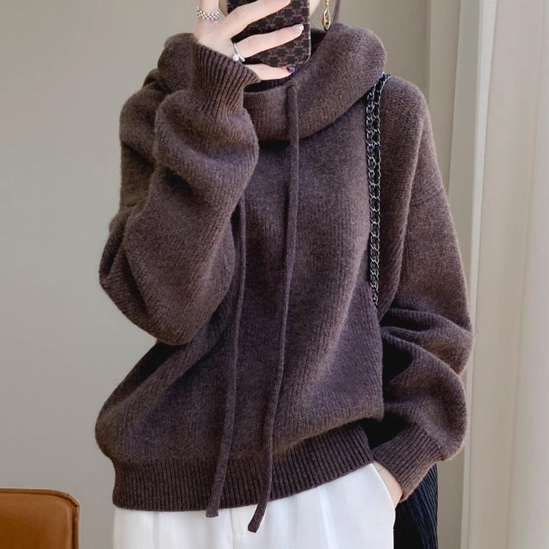 Damen Kuscheliger Rollkragen‑Hoodie aus Feinstrick mit Kordelzug und gerippten Bündchen EB