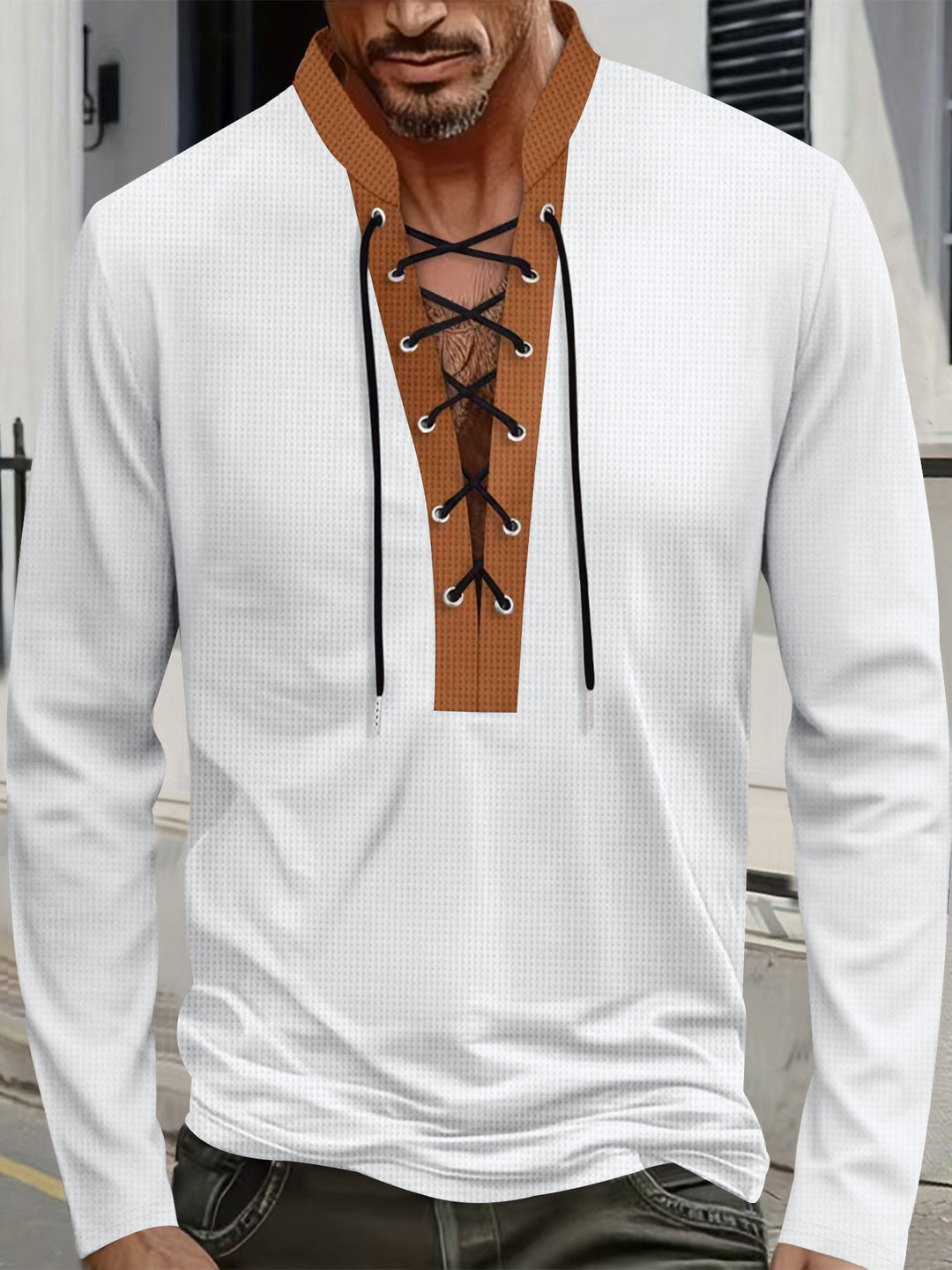 Herren modisches Langarmshirt mit einzigartigem Schnürdesign und ansprechendem Kragen EB