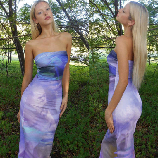 Damen Maxi Kleid mit schulterfreiem Design und fließendem Stoff EB