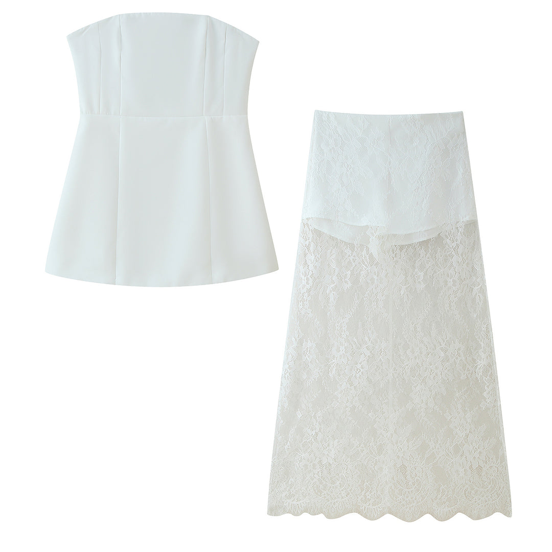 Damen Crop-Top und langer Spitzenrock Set EB