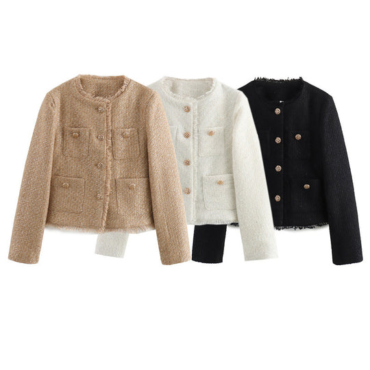 Damen elegante Tweedjacke mit Fransen und praktischen Taschen EB