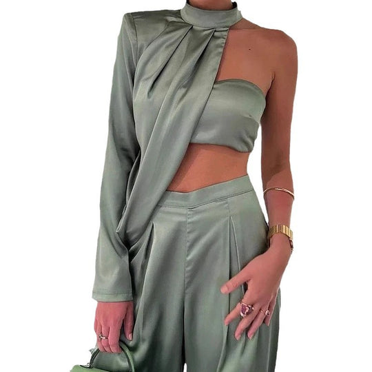 Damen Elegantes Zweiteiliges Set mit asymmetrischem Oberteil und weit geschnittener Hose EB