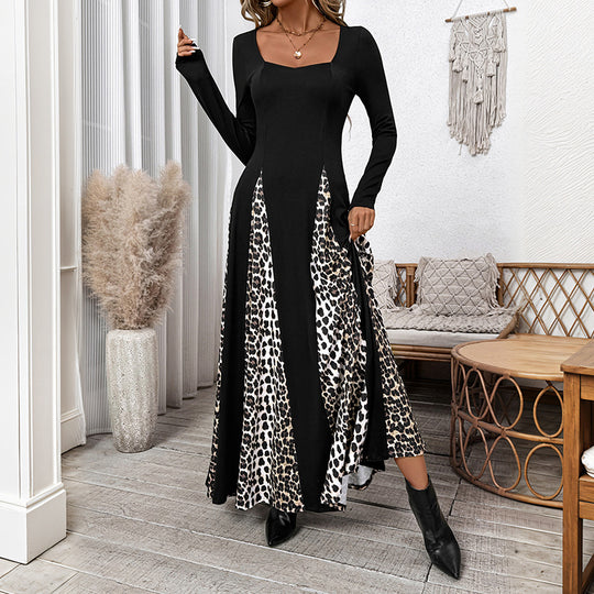 Damen Elegantes Maxikleid mit modischem Tiermuster und langem Arm EB