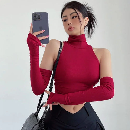 Damen Langarm Crop-Top mit Stehkragen und figurbetontem Schnitt EB
