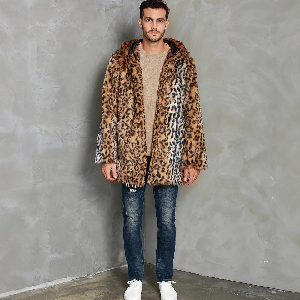 Herren Modischer Kunstpelzmantel mit Kapuze und elegantem Schnitt EB