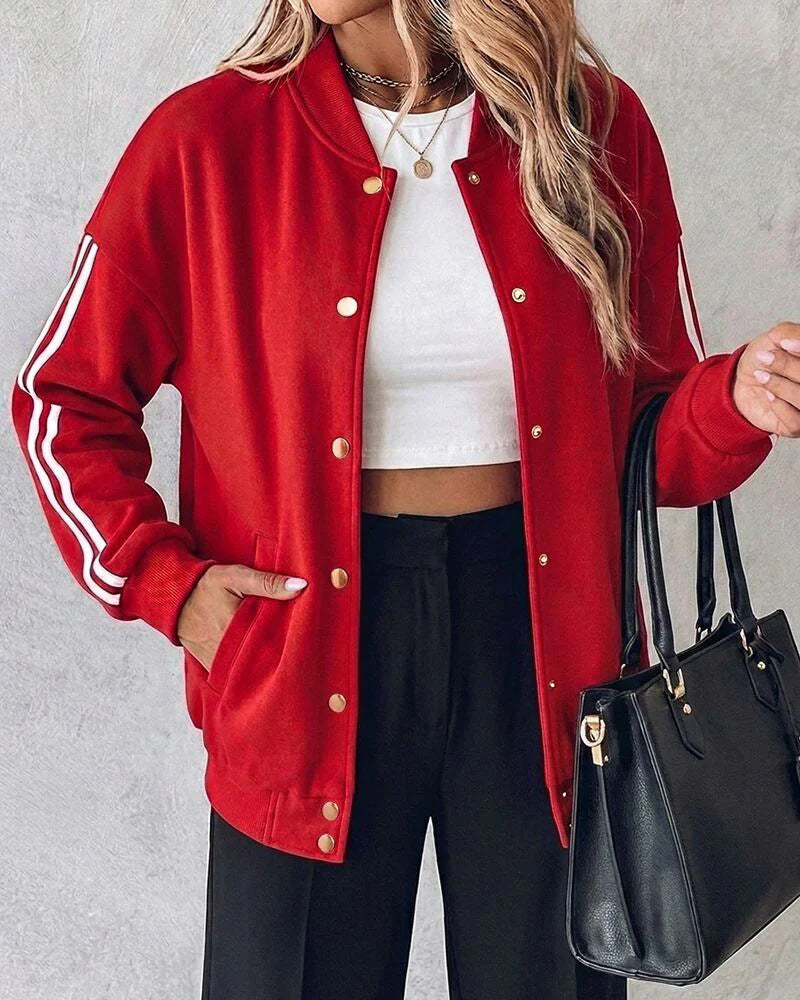 Damen Oversized Collegejacke mit Druckknopfleiste und kontrastierenden Streifenärmeln EB