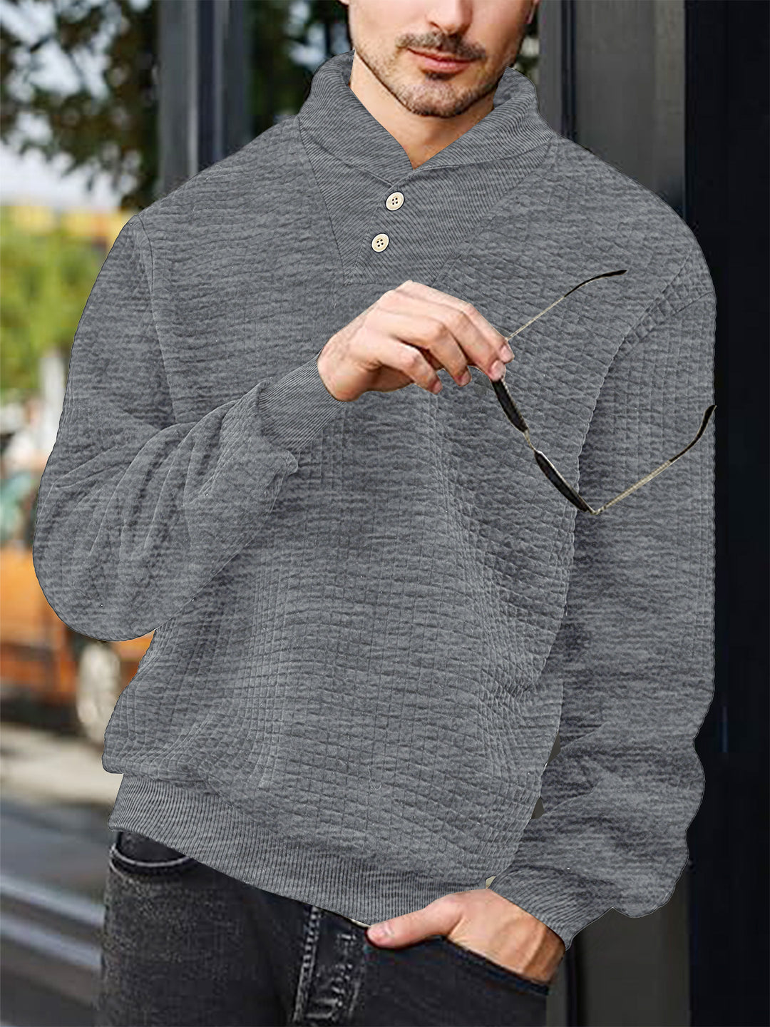 Herren nan eleganter Strickpullover mit Schalkragen, Knopfleiste am Ausschnitt und Karo-Waffelstruktur EB