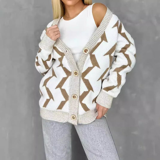 Damen gemütlicher Strickcardigan mit modernem Blitze-Design und Knopfverschluss EB
