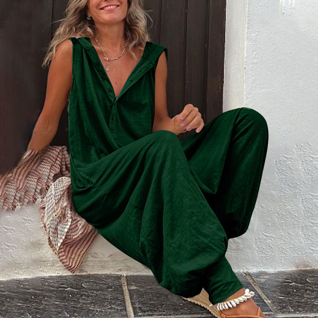 Damen Lässiger Jumpsuit mit Kapuze und Knopfdetails EB