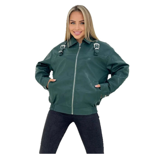 Damen modische Kunstlederjacke im lässigen Stil mit dekorativen Details EB