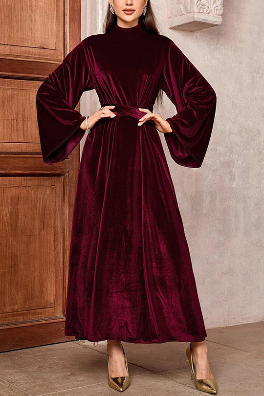 Damen Maxikleid aus Samt mit Stehkragen, weitem Glockenärmel und Taillengürtel EB