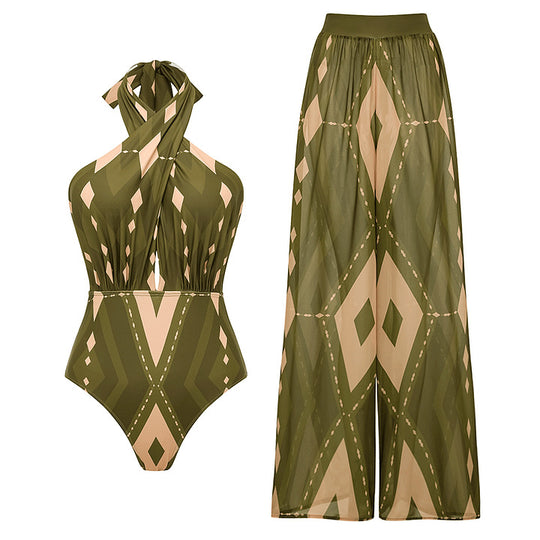 Damen Einteiler Badeanzug mit voluminösem Rüschendesign und passendem Stoffhose EB