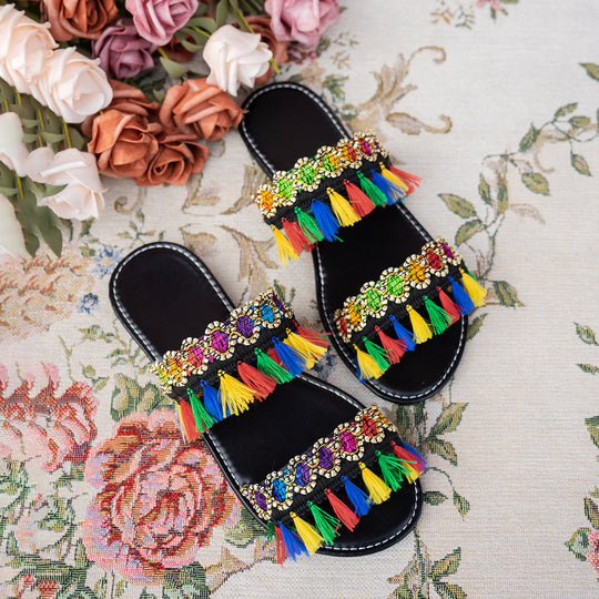 Damen Bunte Badeschuhe mit auffälligen Quasten und Schmuckverzierung EB